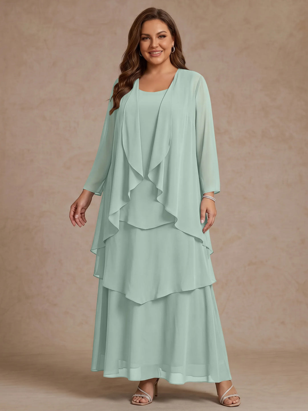 A-Line/Princess Scoop Chiffon Plus Size Mother of the Bride Dresses with Jacket &amp; Ruffles Long Sleeves Ankle-Length
