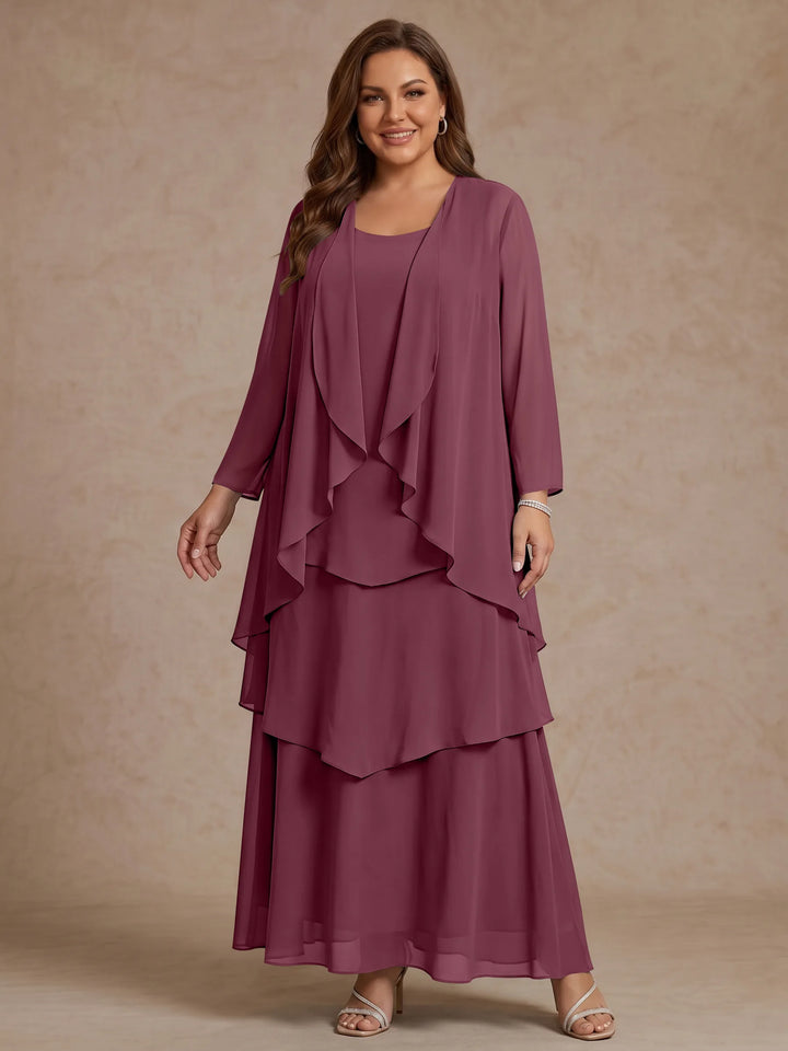 A-Line/Princess Scoop Chiffon Plus Size Mother of the Bride Dresses with Jacket &amp; Ruffles Long Sleeves Ankle-Length