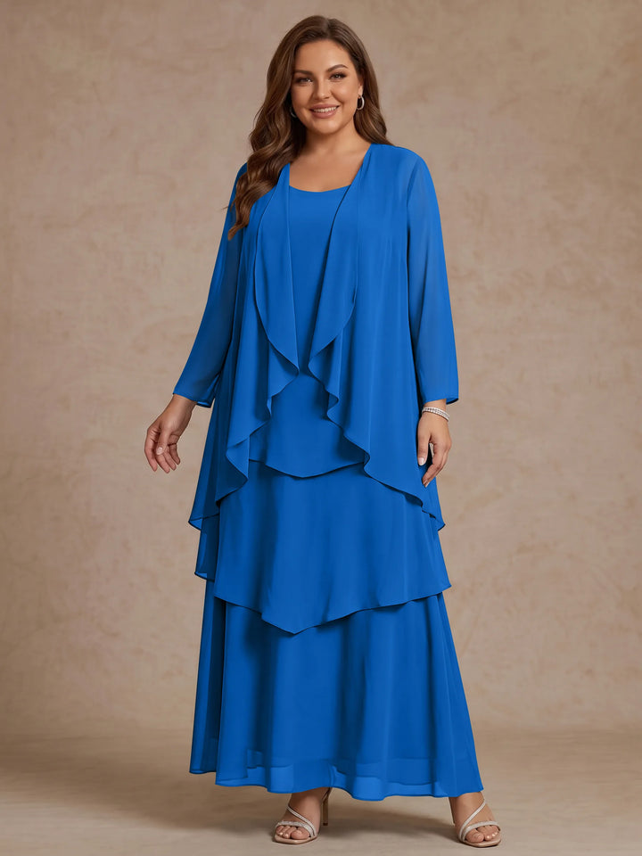 A-Line/Princess Scoop Chiffon Plus Size Mother of the Bride Dresses with Jacket &amp; Ruffles Long Sleeves Ankle-Length