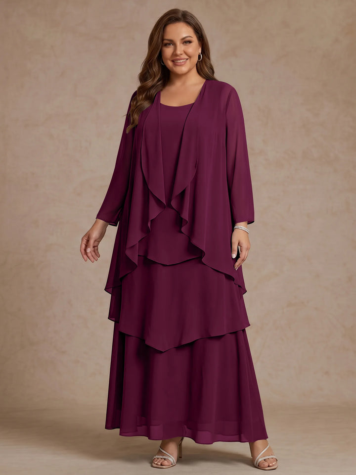 A-Line/Princess Scoop Chiffon Plus Size Mother of the Bride Dresses with Jacket &amp; Ruffles Long Sleeves Ankle-Length