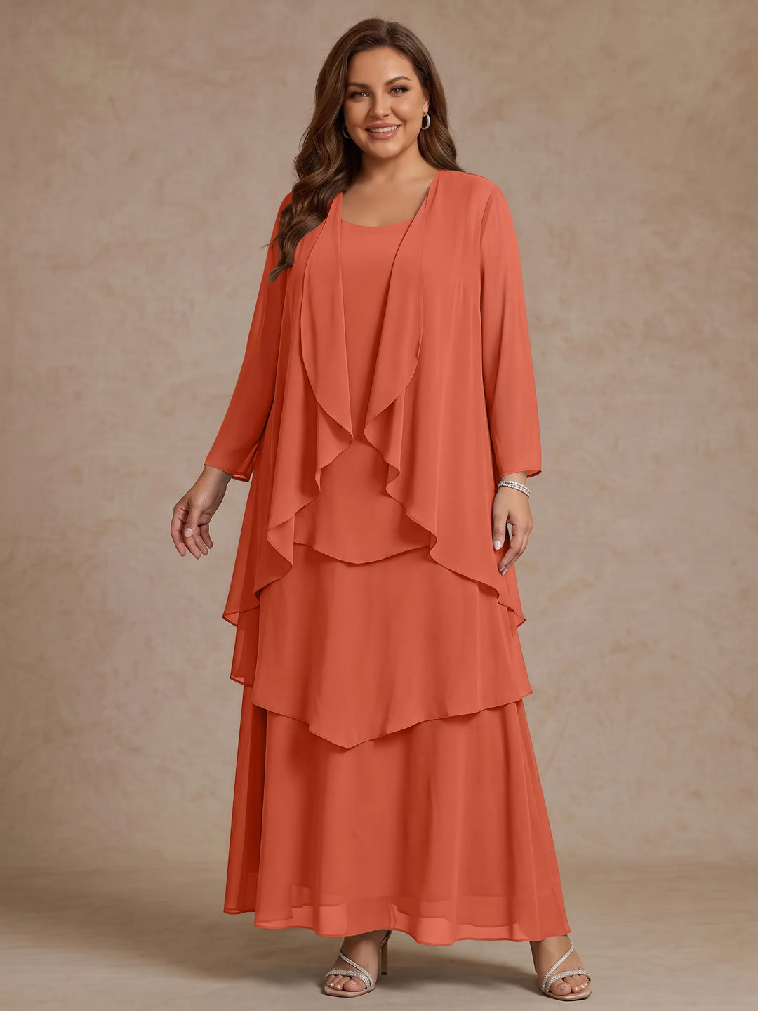 A-Line/Princess Scoop Chiffon Plus Size Mother of the Bride Dresses with Jacket &amp; Ruffles Long Sleeves Ankle-Length
