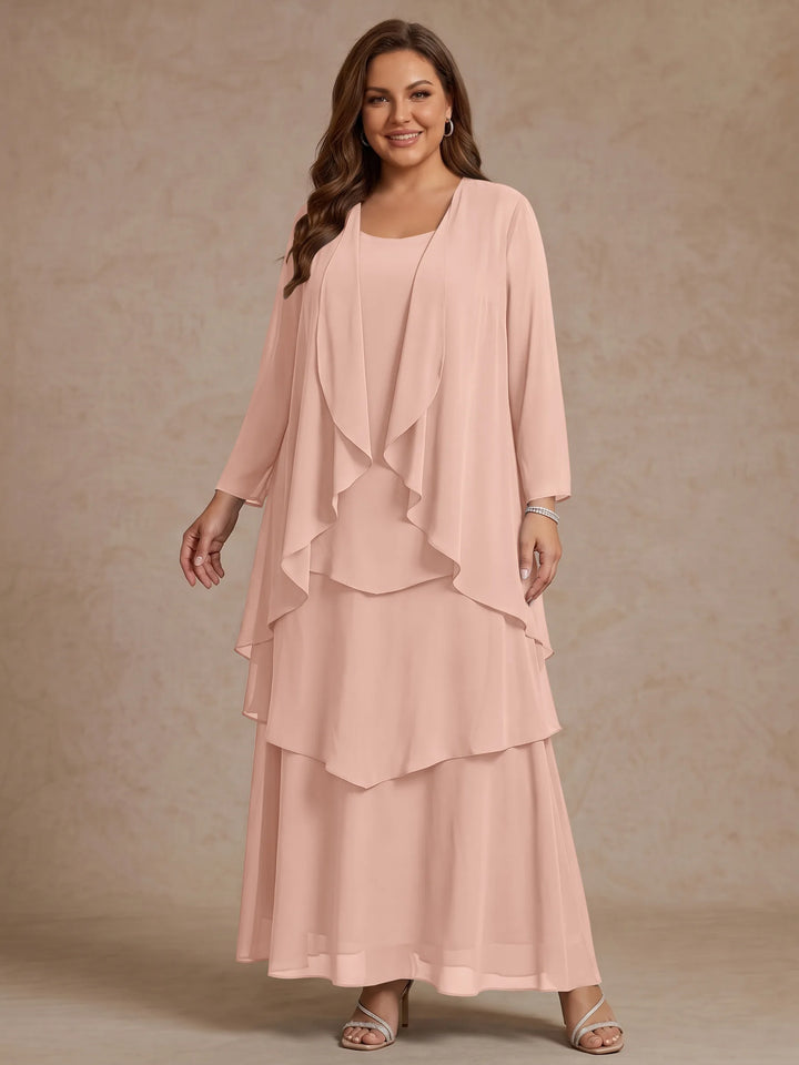 A-Line/Princess Scoop Chiffon Plus Size Mother of the Bride Dresses with Jacket &amp; Ruffles Long Sleeves Ankle-Length