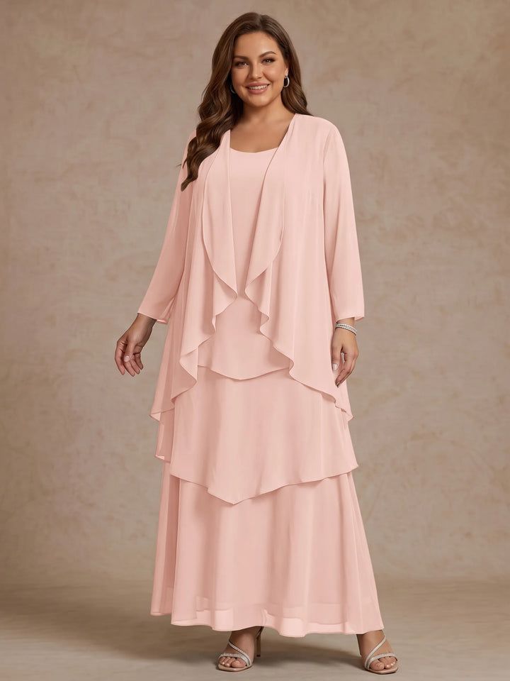 A-Line/Princess Scoop Chiffon Plus Size Mother of the Bride Dresses with Jacket &amp; Ruffles Long Sleeves Ankle-Length