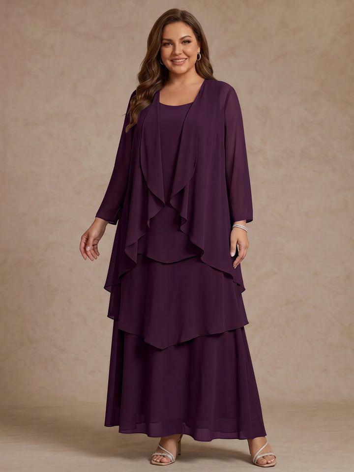 A-Line/Princess Scoop Chiffon Plus Size Mother of the Bride Dresses with Jacket &amp; Ruffles Long Sleeves Ankle-Length