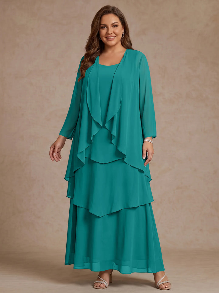A-Line/Princess Scoop Chiffon Plus Size Mother of the Bride Dresses with Jacket &amp; Ruffles Long Sleeves Ankle-Length