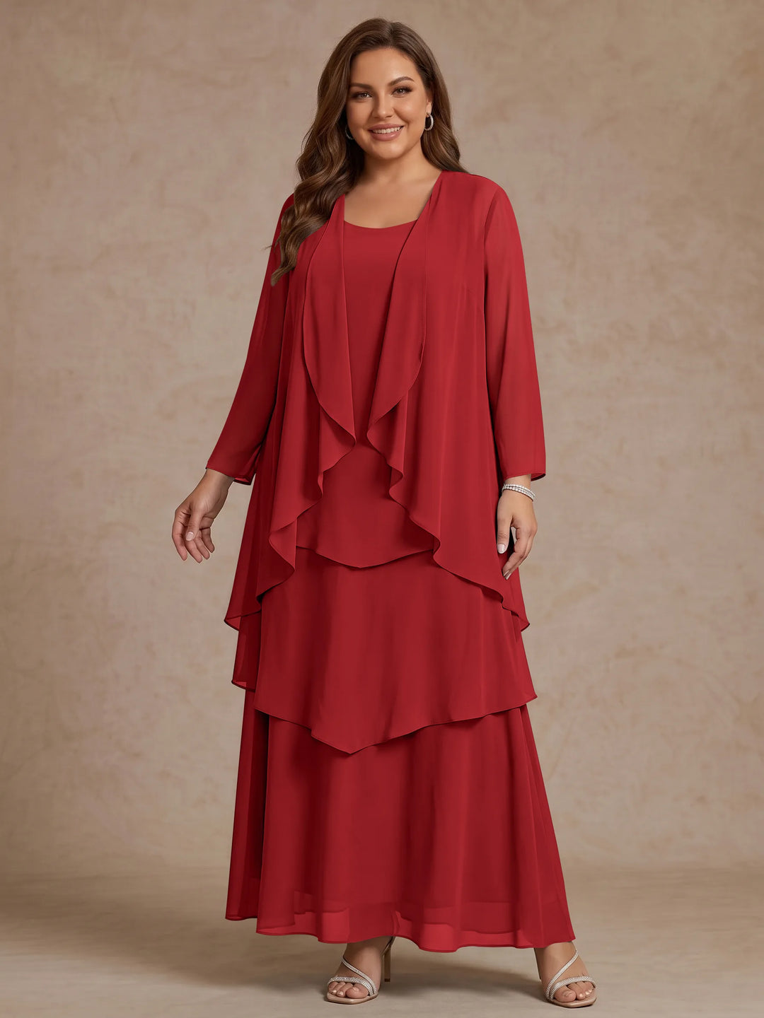 A-Line/Princess Scoop Chiffon Plus Size Mother of the Bride Dresses with Jacket &amp; Ruffles Long Sleeves Ankle-Length