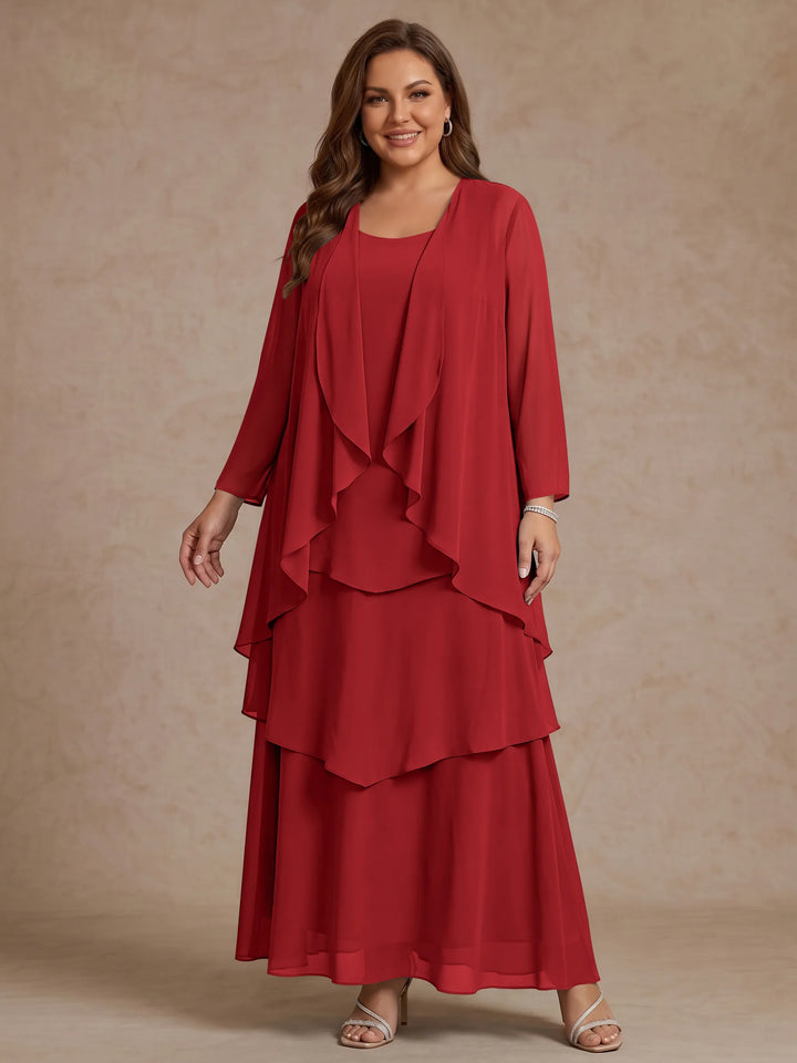 A-Line/Princess Scoop Chiffon Plus Size Mother of the Bride Dresses with Jacket &amp; Ruffles Long Sleeves Ankle-Length