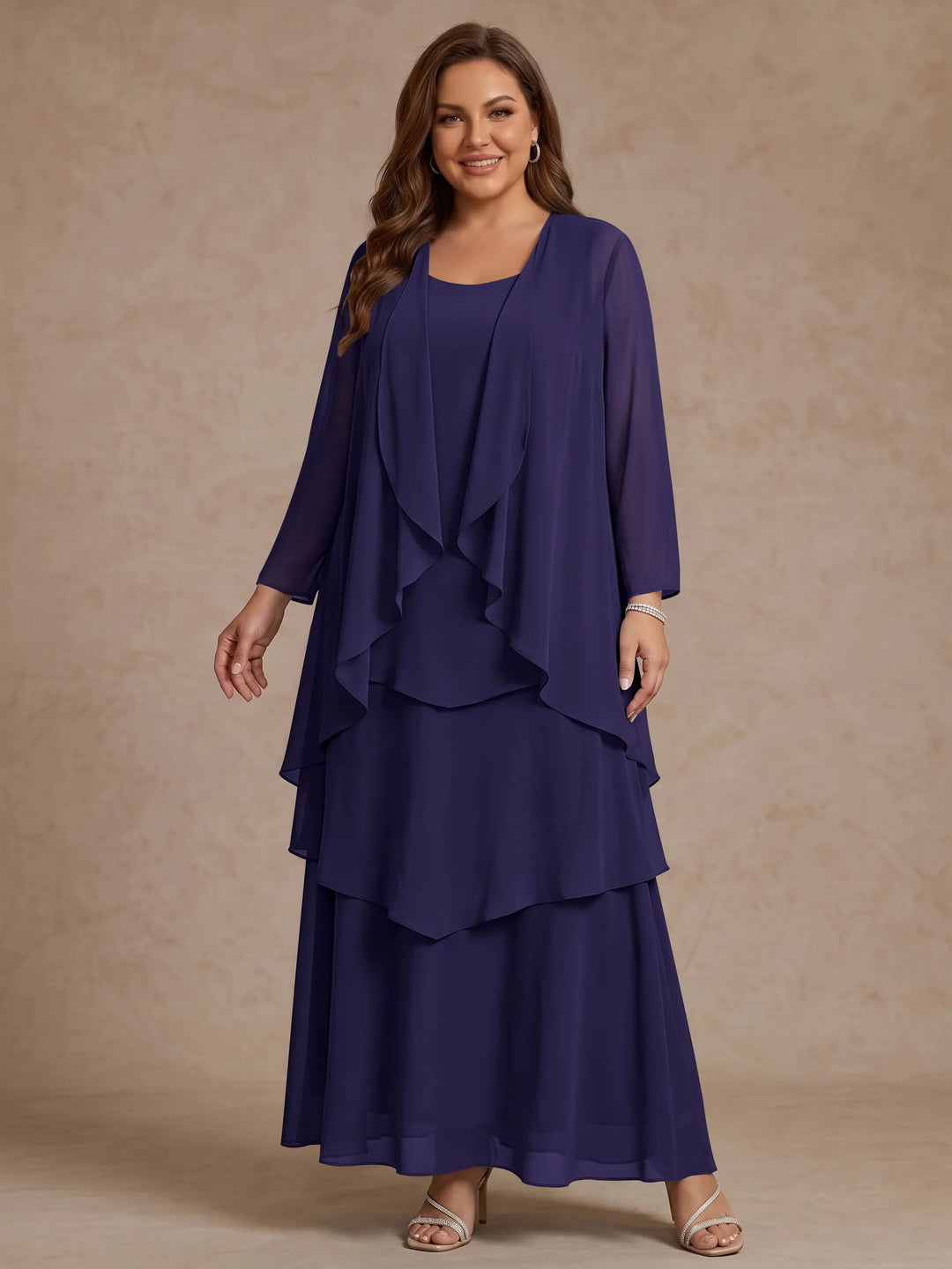 A-Line/Princess Scoop Chiffon Plus Size Mother of the Bride Dresses with Jacket &amp; Ruffles Long Sleeves Ankle-Length