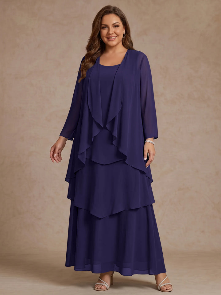 A-Line/Princess Scoop Chiffon Plus Size Mother of the Bride Dresses with Jacket &amp; Ruffles Long Sleeves Ankle-Length