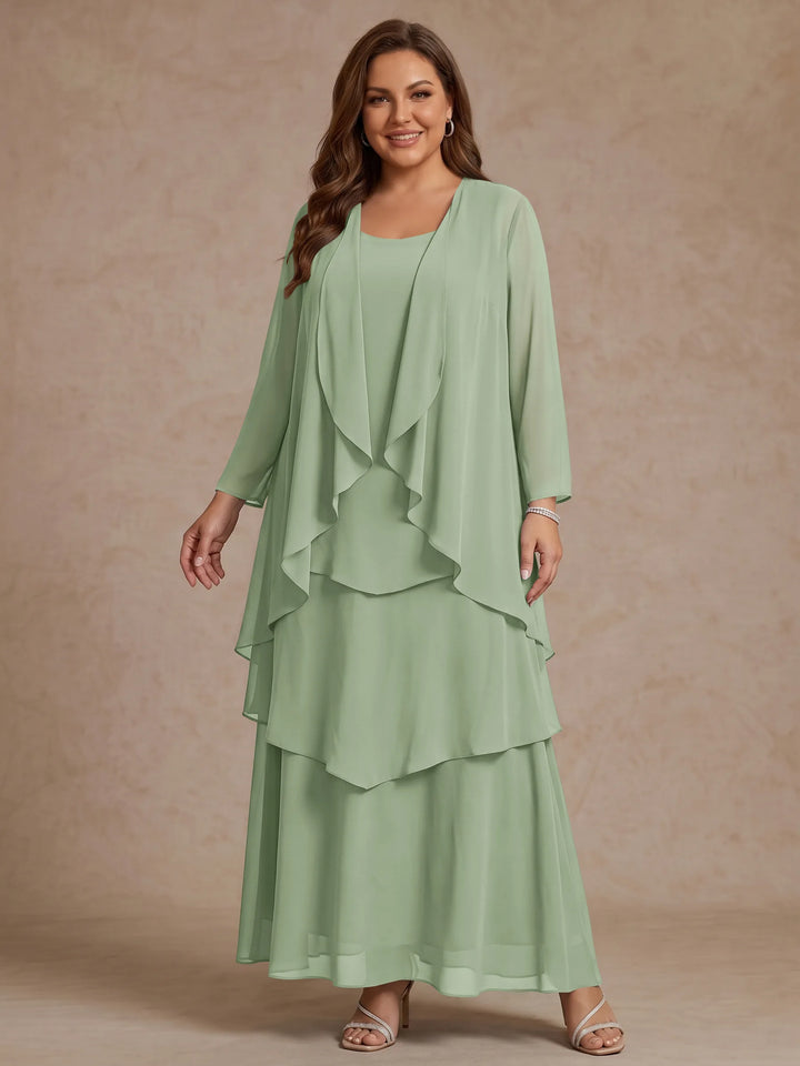 A-Line/Princess Scoop Chiffon Plus Size Mother of the Bride Dresses with Jacket &amp; Ruffles Long Sleeves Ankle-Length