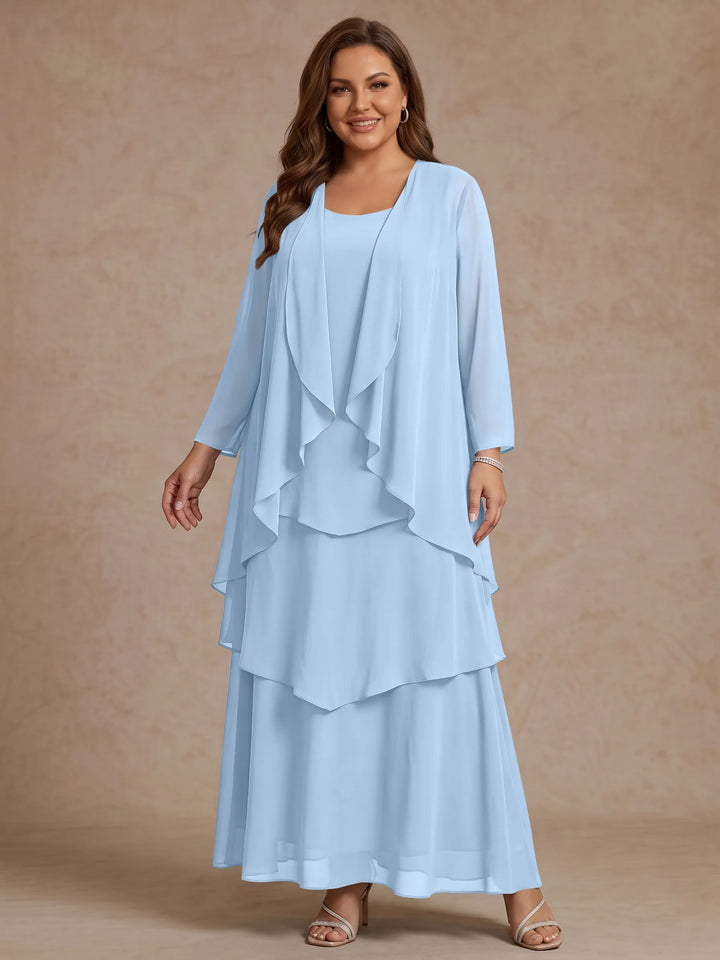 A-Line/Princess Scoop Chiffon Plus Size Mother of the Bride Dresses with Jacket &amp; Ruffles Long Sleeves Ankle-Length