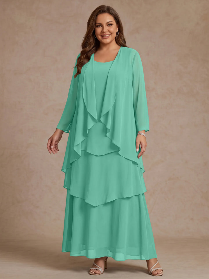 A-Line/Princess Scoop Chiffon Plus Size Mother of the Bride Dresses with Jacket &amp; Ruffles Long Sleeves Ankle-Length