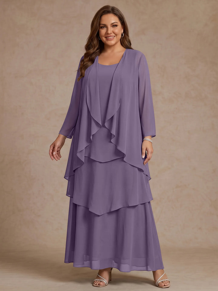 A-Line/Princess Scoop Chiffon Plus Size Mother of the Bride Dresses with Jacket &amp; Ruffles Long Sleeves Ankle-Length