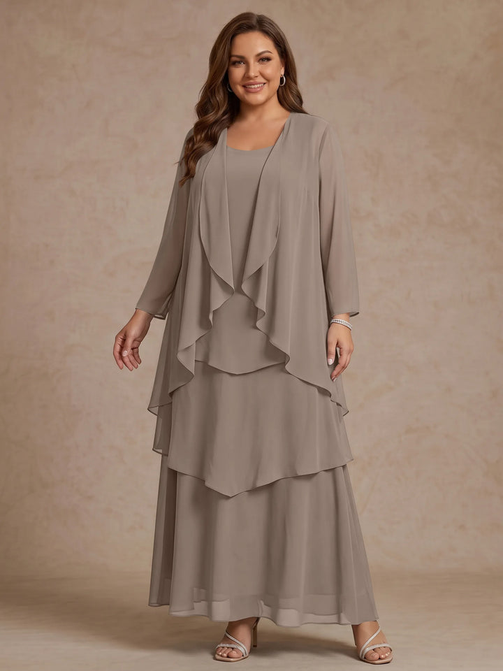 A-Line/Princess Scoop Chiffon Plus Size Mother of the Bride Dresses with Jacket &amp; Ruffles Long Sleeves Ankle-Length