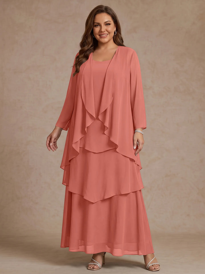 A-Line/Princess Scoop Chiffon Plus Size Mother of the Bride Dresses with Jacket &amp; Ruffles Long Sleeves Ankle-Length