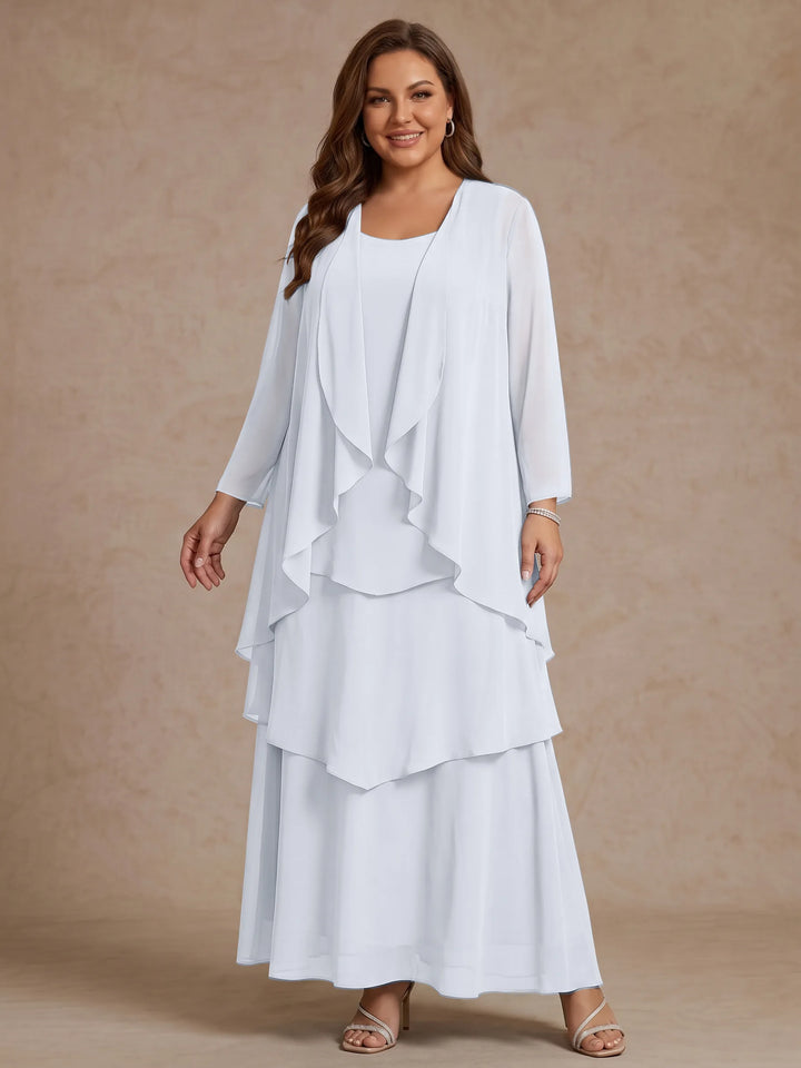 A-Line/Princess Scoop Chiffon Plus Size Mother of the Bride Dresses with Jacket &amp; Ruffles Long Sleeves Ankle-Length