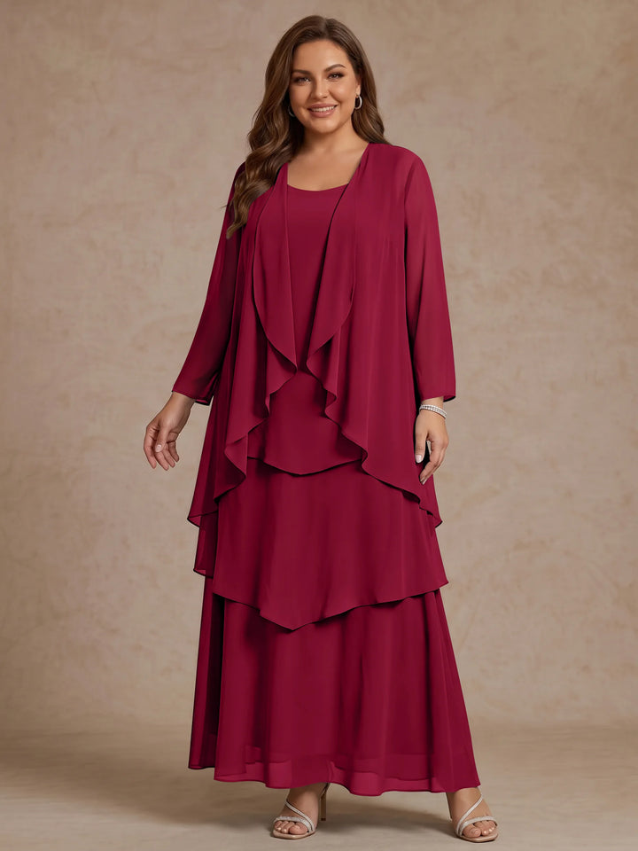 A-Line/Princess Scoop Chiffon Plus Size Mother of the Bride Dresses with Jacket &amp; Ruffles Long Sleeves Ankle-Length