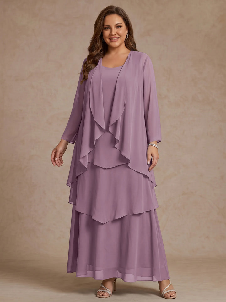 A-Line/Princess Scoop Chiffon Plus Size Mother of the Bride Dresses with Jacket &amp; Ruffles Long Sleeves Ankle-Length