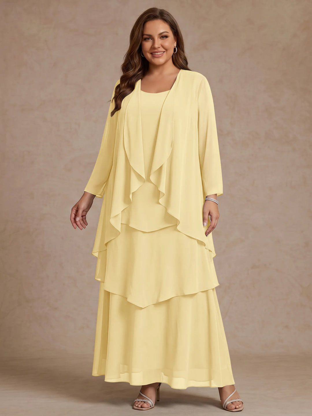 A-Line/Princess Scoop Chiffon Plus Size Mother of the Bride Dresses with Jacket &amp; Ruffles Long Sleeves Ankle-Length