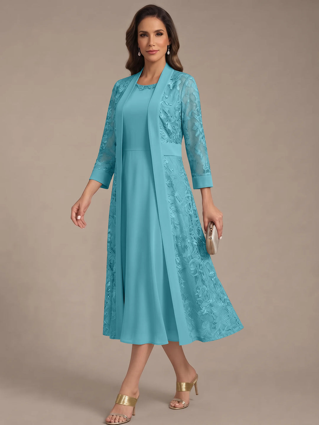 A-Line/Princess Scoop Chiffon Mother of the Bride Dresses with Lace Jacket 3/4 Sleeves Tea-Length