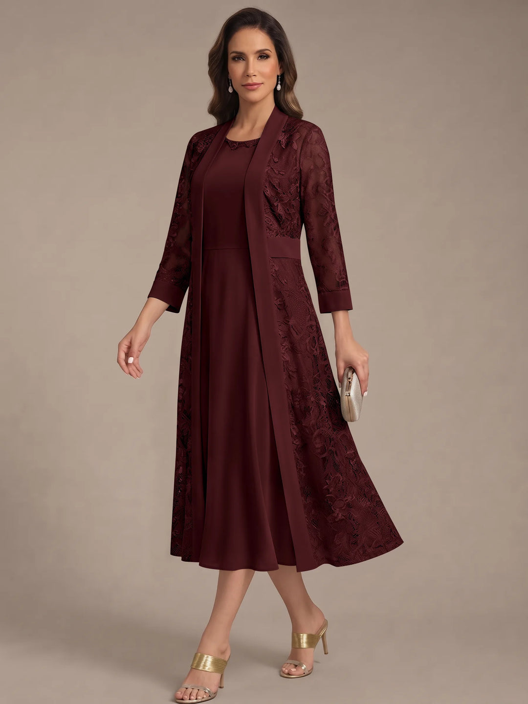 A-Line/Princess Scoop Chiffon Mother of the Bride Dresses with Lace Jacket 3/4 Sleeves Tea-Length