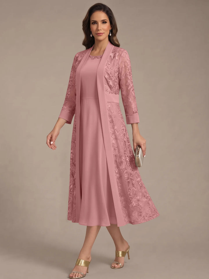 A-Line/Princess Scoop Chiffon Mother of the Bride Dresses with Lace Jacket 3/4 Sleeves Tea-Length