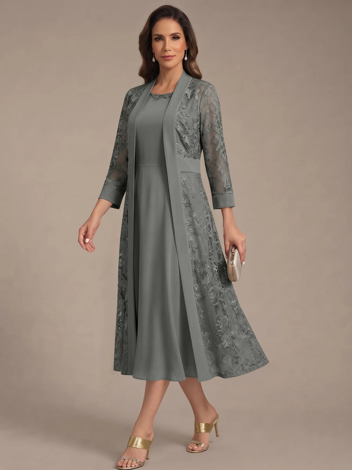 A-Line/Princess Scoop Chiffon Mother of the Bride Dresses with Lace Jacket 3/4 Sleeves Tea-Length
