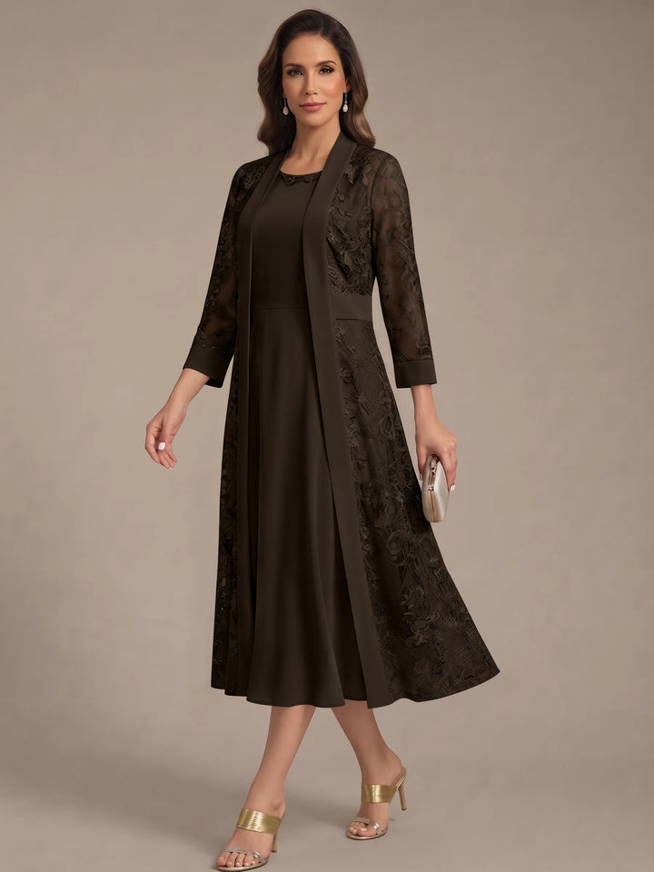A-Line/Princess Scoop Chiffon Mother of the Bride Dresses with Lace Jacket 3/4 Sleeves Tea-Length