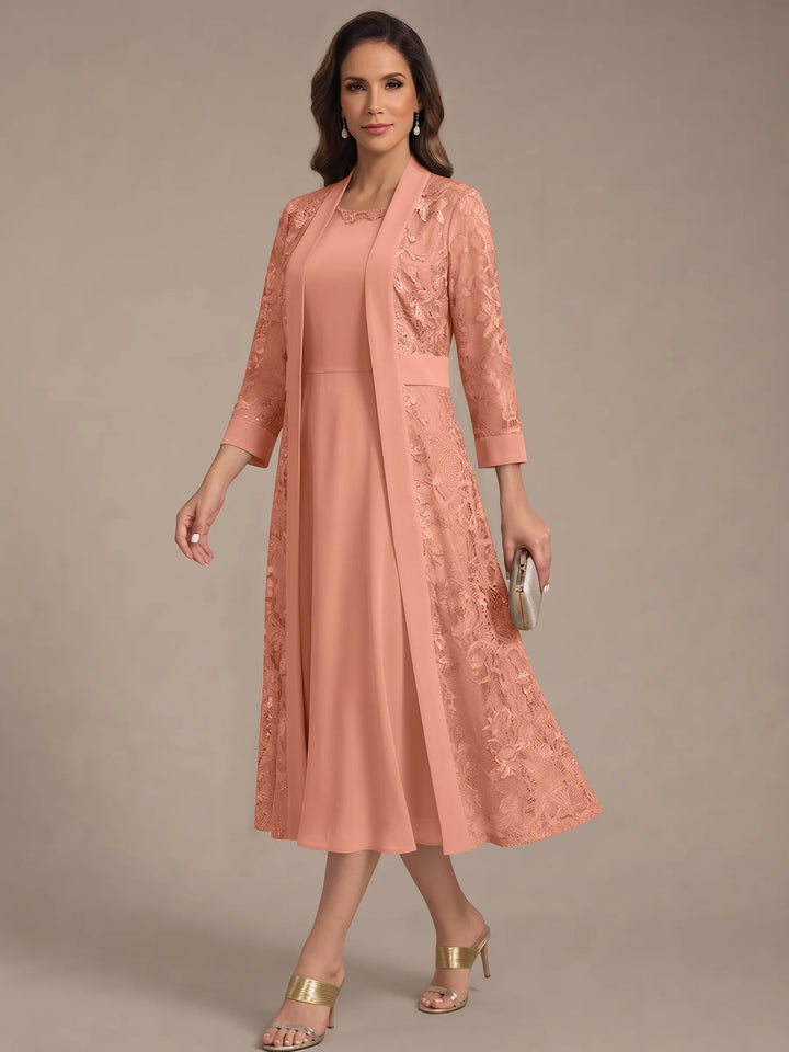 A-Line/Princess Scoop Chiffon Mother of the Bride Dresses with Lace Jacket 3/4 Sleeves Tea-Length