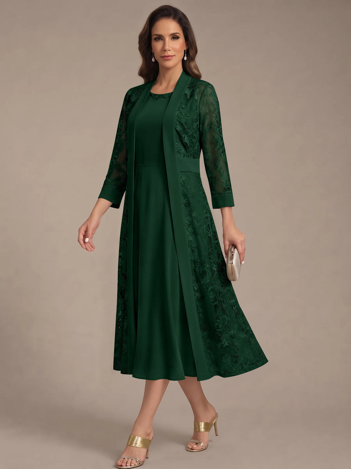A-Line/Princess Scoop Chiffon Mother of the Bride Dresses with Lace Jacket 3/4 Sleeves Tea-Length