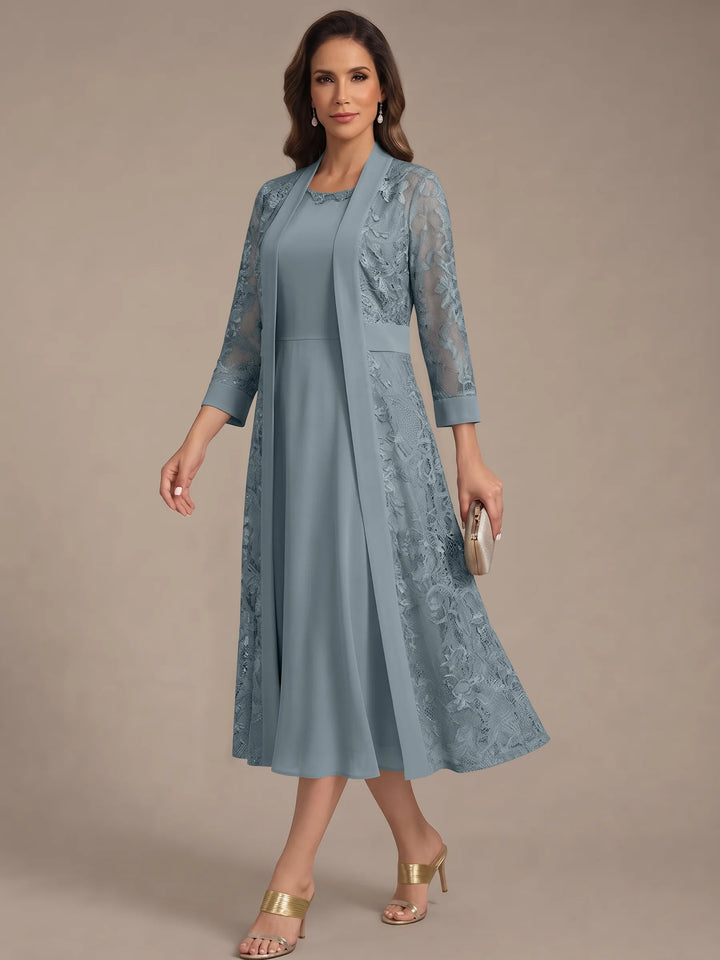 A-Line/Princess Scoop Chiffon Mother of the Bride Dresses with Lace Jacket 3/4 Sleeves Tea-Length