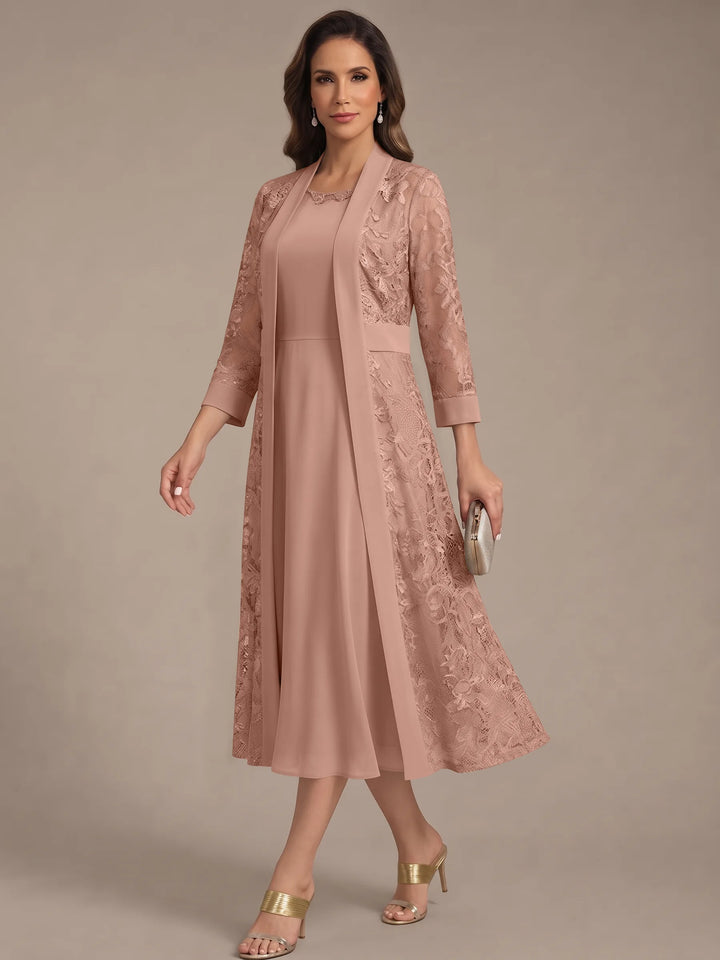 A-Line/Princess Scoop Chiffon Mother of the Bride Dresses with Lace Jacket 3/4 Sleeves Tea-Length