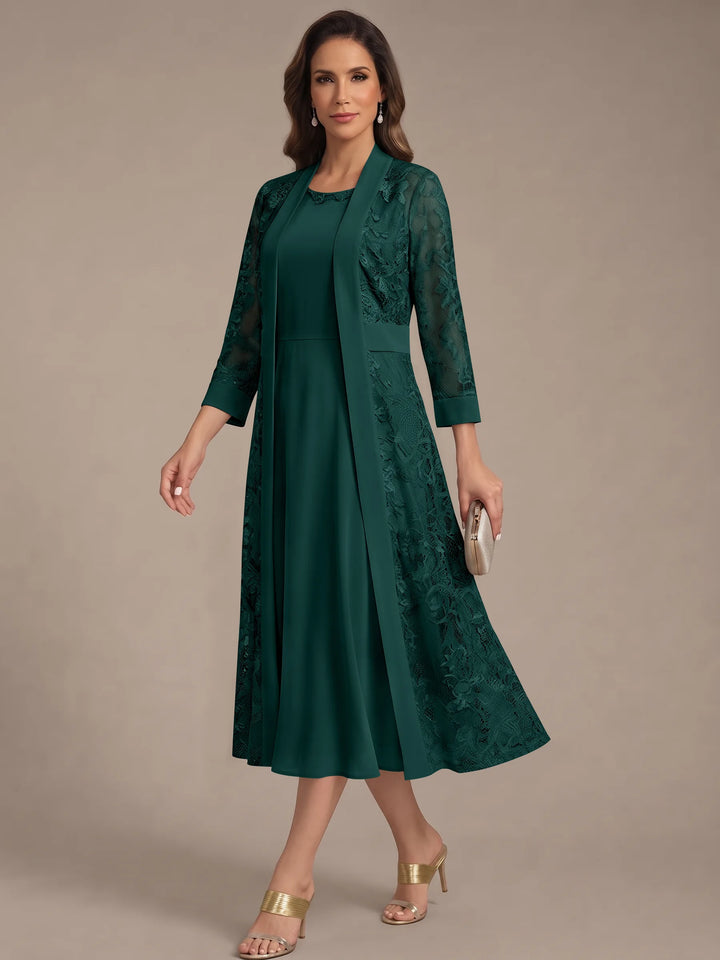 A-Line/Princess Scoop Chiffon Mother of the Bride Dresses with Lace Jacket 3/4 Sleeves Tea-Length