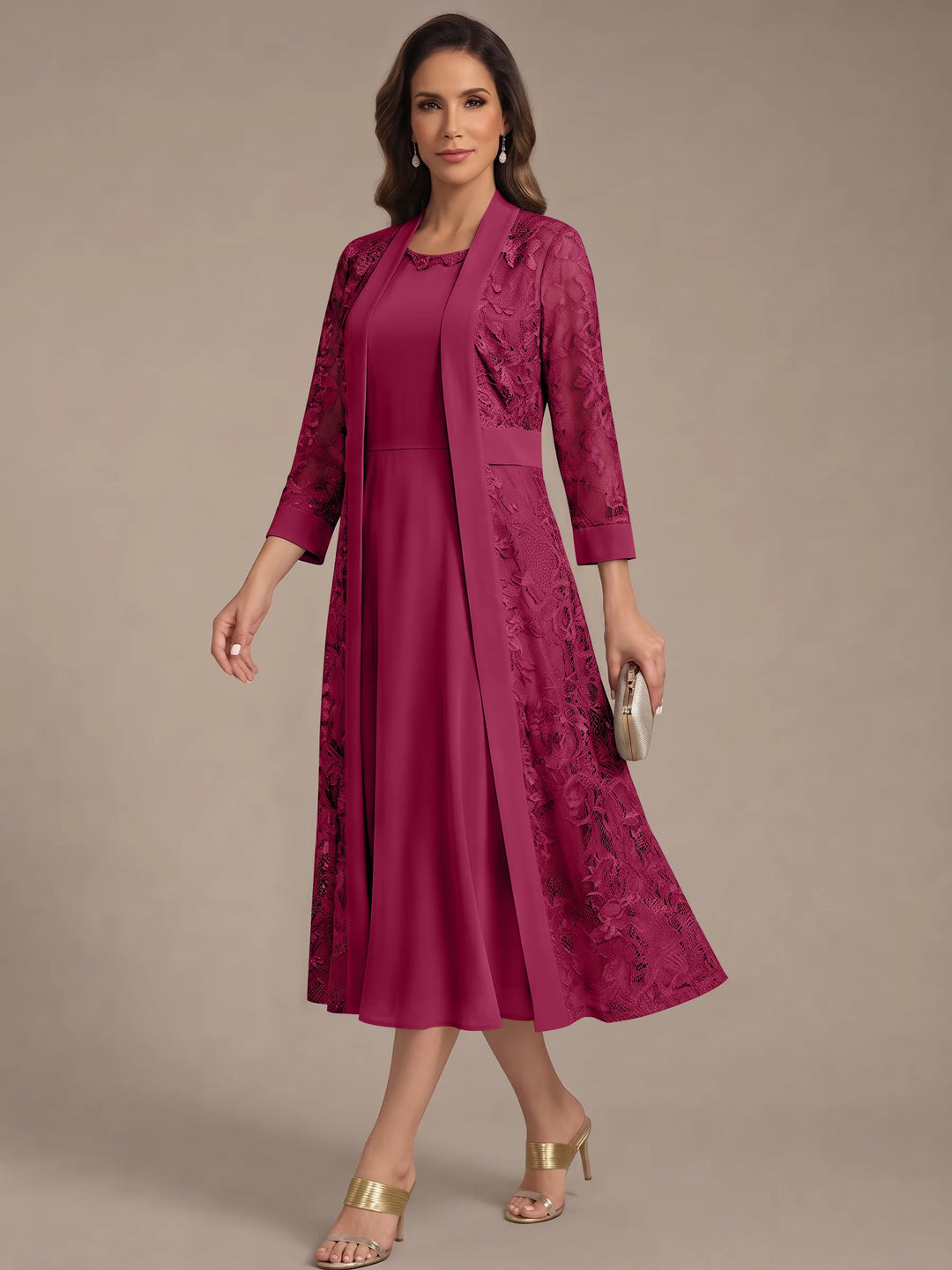 A-Line/Princess Scoop Chiffon Mother of the Bride Dresses with Lace Jacket 3/4 Sleeves Tea-Length