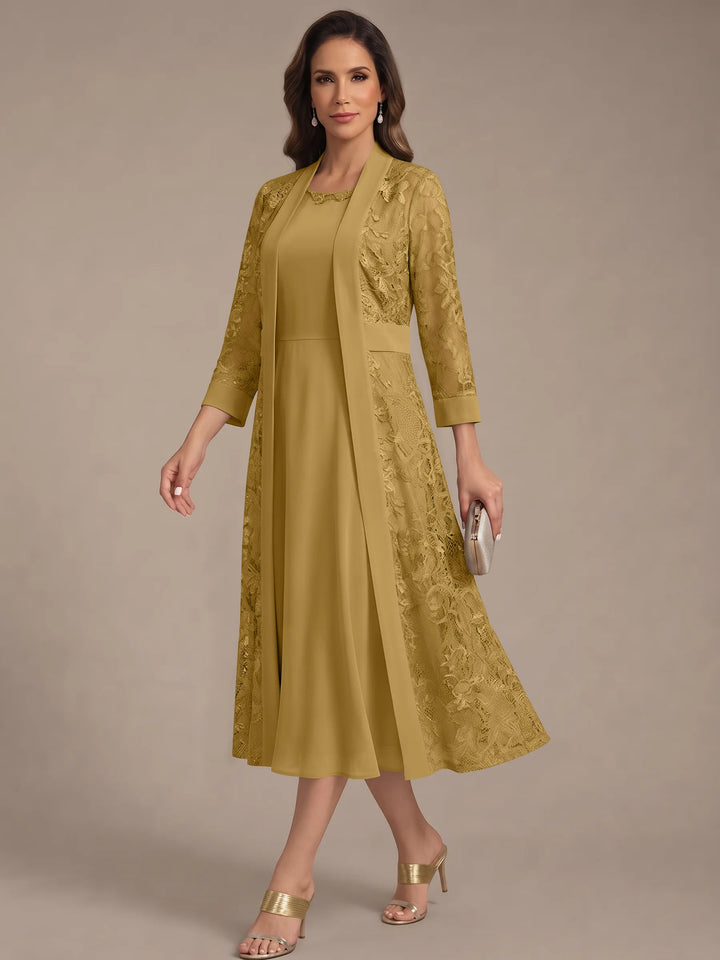 A-Line/Princess Scoop Chiffon Mother of the Bride Dresses with Lace Jacket 3/4 Sleeves Tea-Length