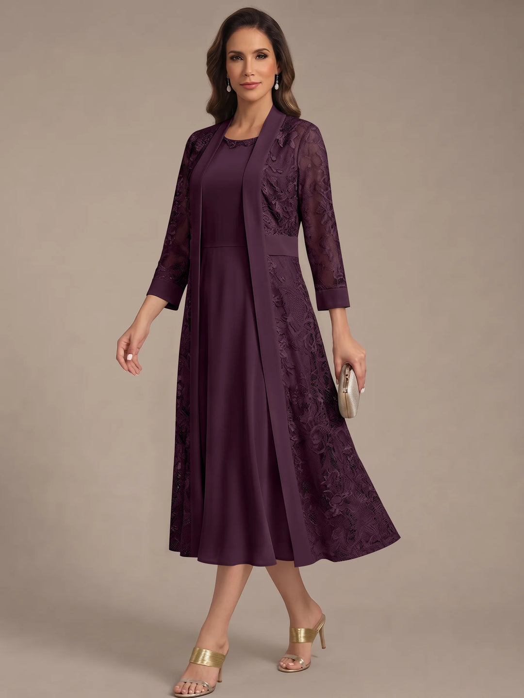 A-Line/Princess Scoop Chiffon Mother of the Bride Dresses with Lace Jacket 3/4 Sleeves Tea-Length