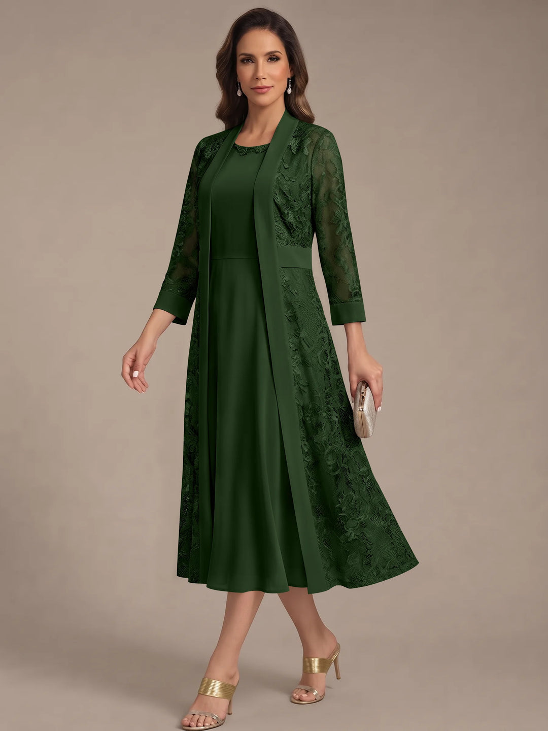 A-Line/Princess Scoop Chiffon Mother of the Bride Dresses with Lace Jacket 3/4 Sleeves Tea-Length
