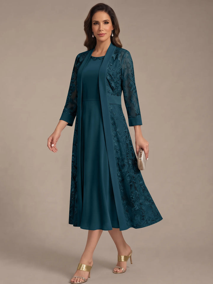 A-Line/Princess Scoop Chiffon Mother of the Bride Dresses with Lace Jacket 3/4 Sleeves Tea-Length