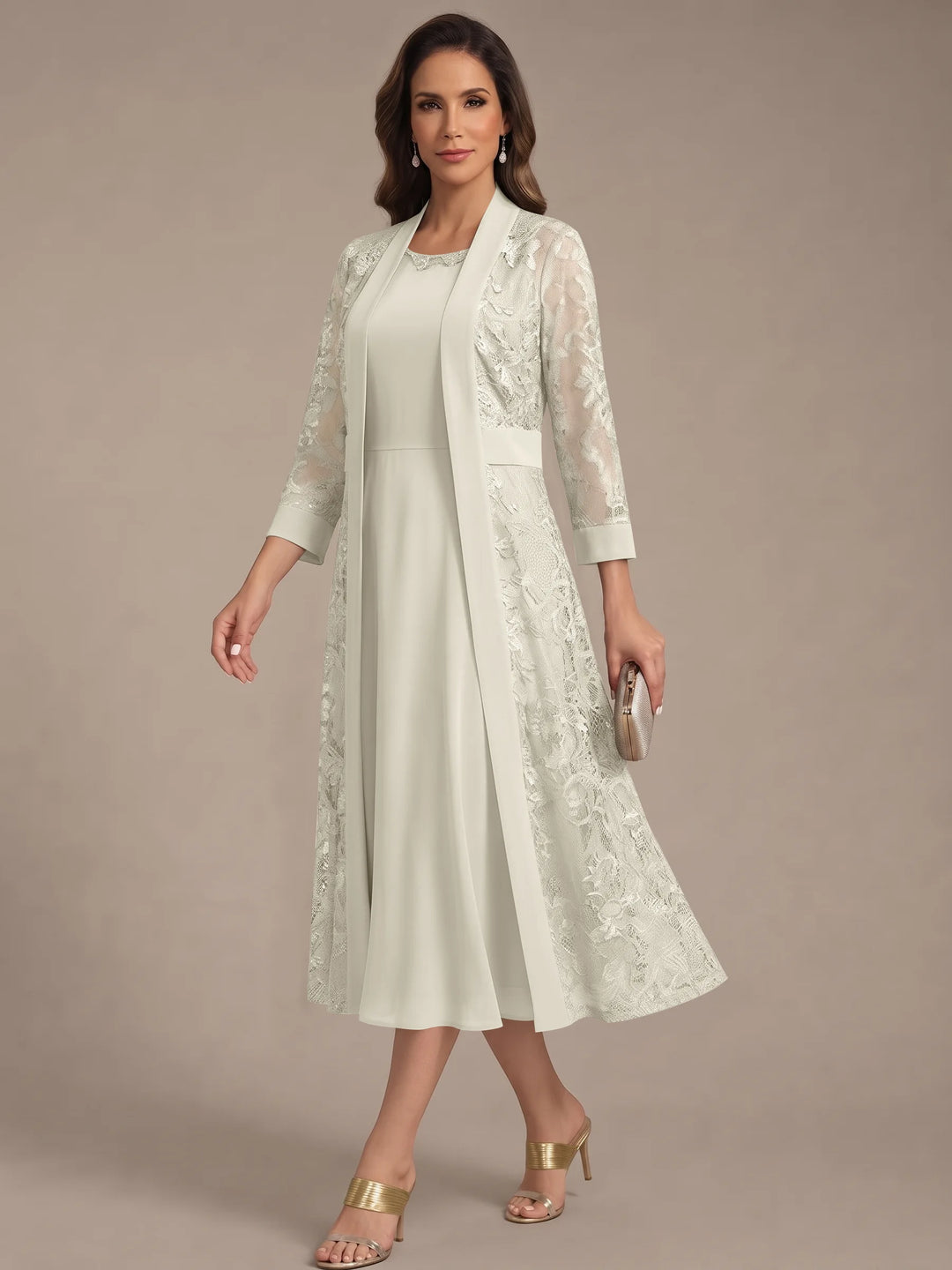 A-Line/Princess Scoop Chiffon Mother of the Bride Dresses with Lace Jacket 3/4 Sleeves Tea-Length