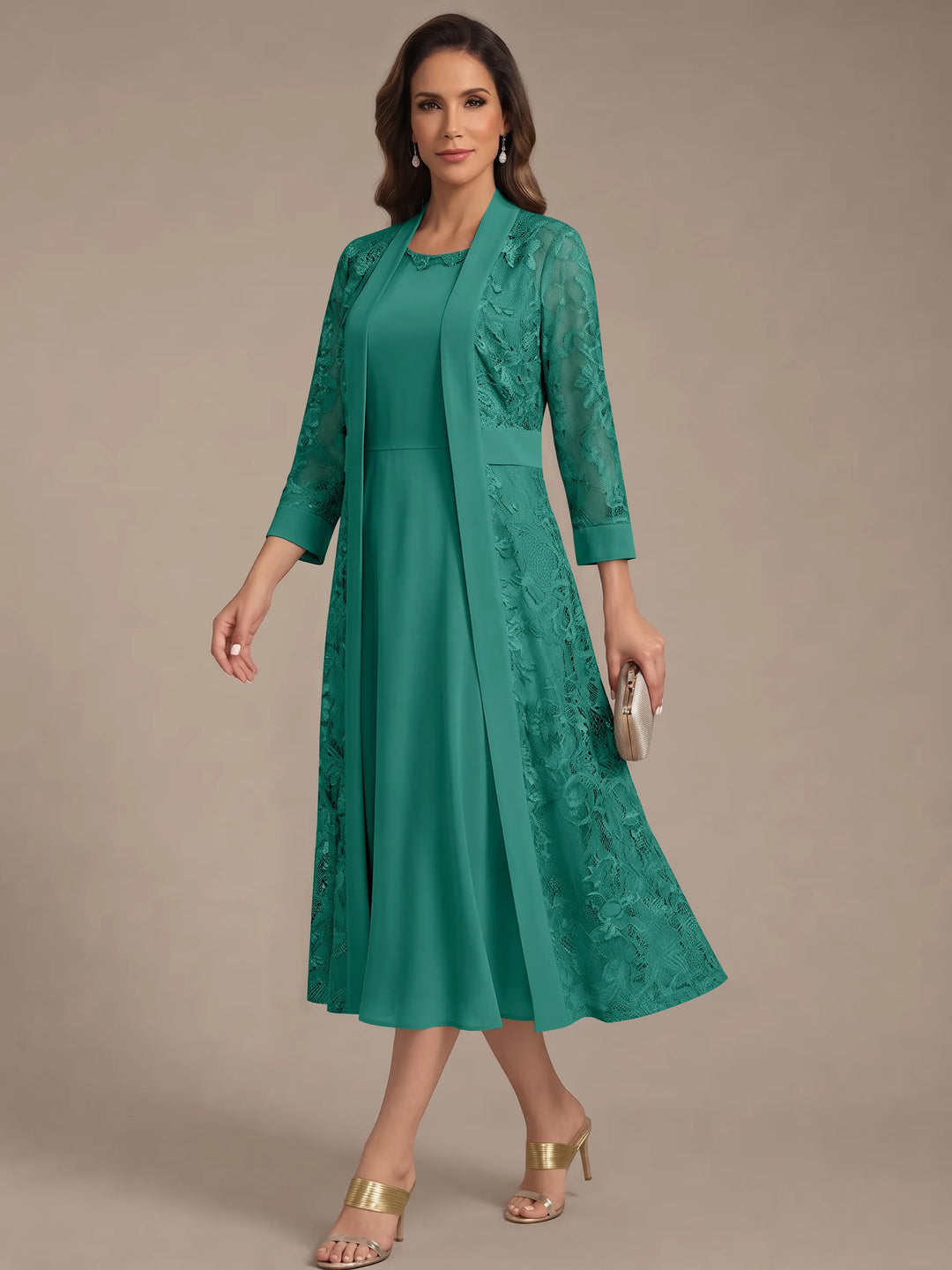 A-Line/Princess Scoop Chiffon Mother of the Bride Dresses with Lace Jacket 3/4 Sleeves Tea-Length