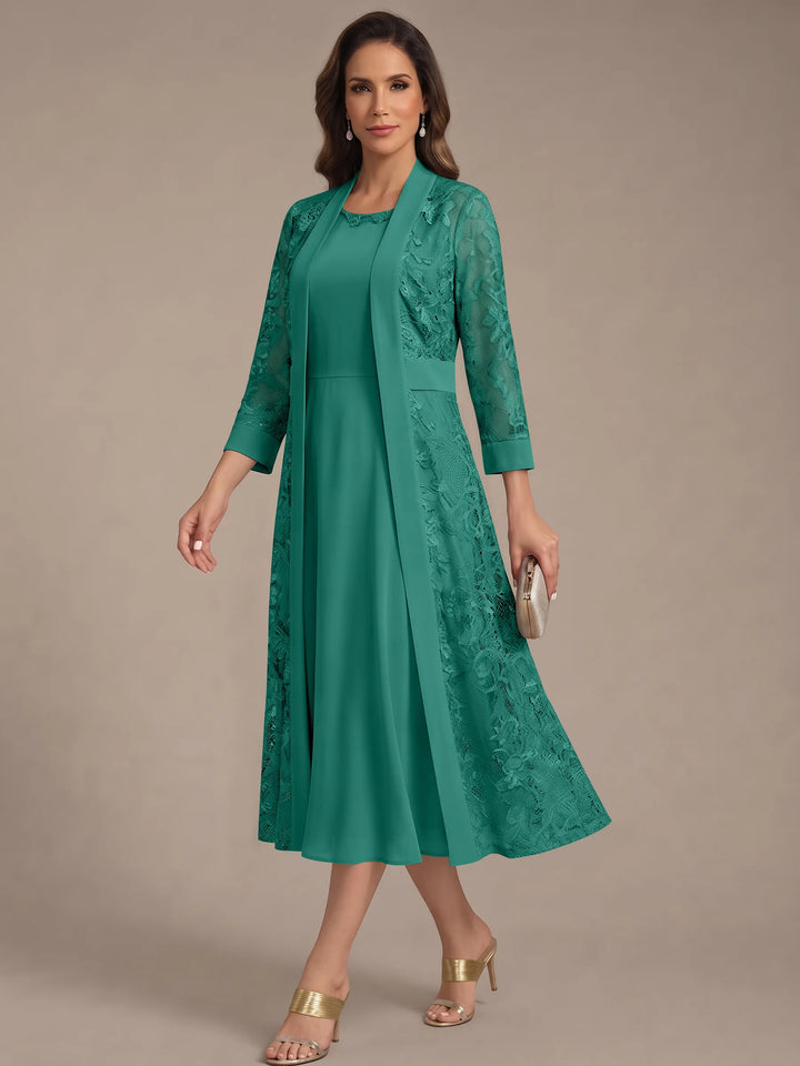 A-Line/Princess Scoop Chiffon Mother of the Bride Dresses with Lace Jacket 3/4 Sleeves Tea-Length