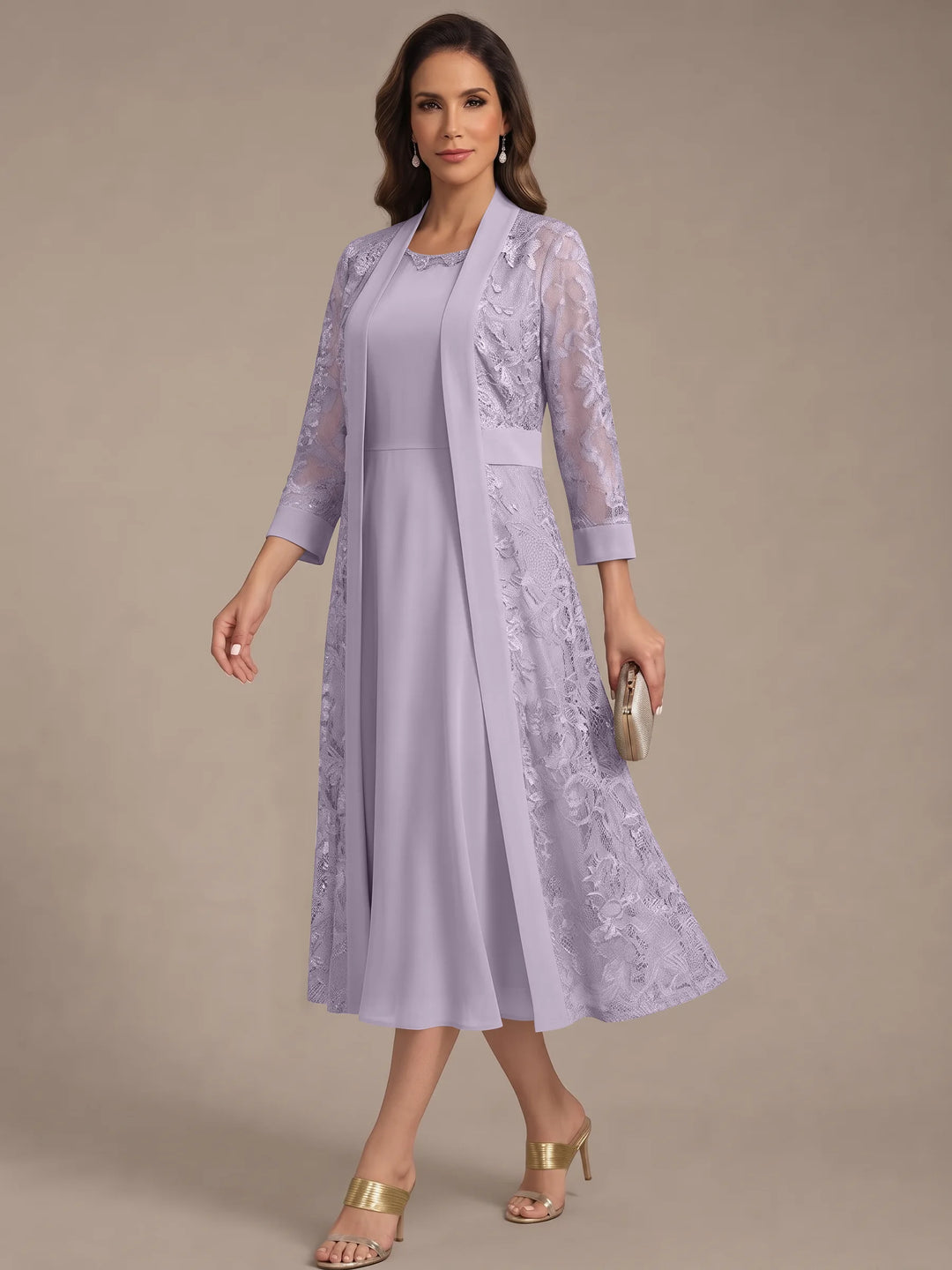 A-Line/Princess Scoop Chiffon Mother of the Bride Dresses with Lace Jacket 3/4 Sleeves Tea-Length