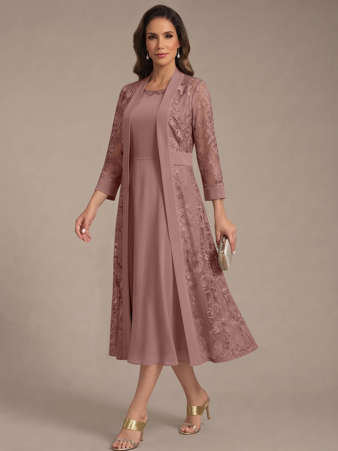 A-Line/Princess Scoop Chiffon Mother of the Bride Dresses with Lace Jacket 3/4 Sleeves Tea-Length