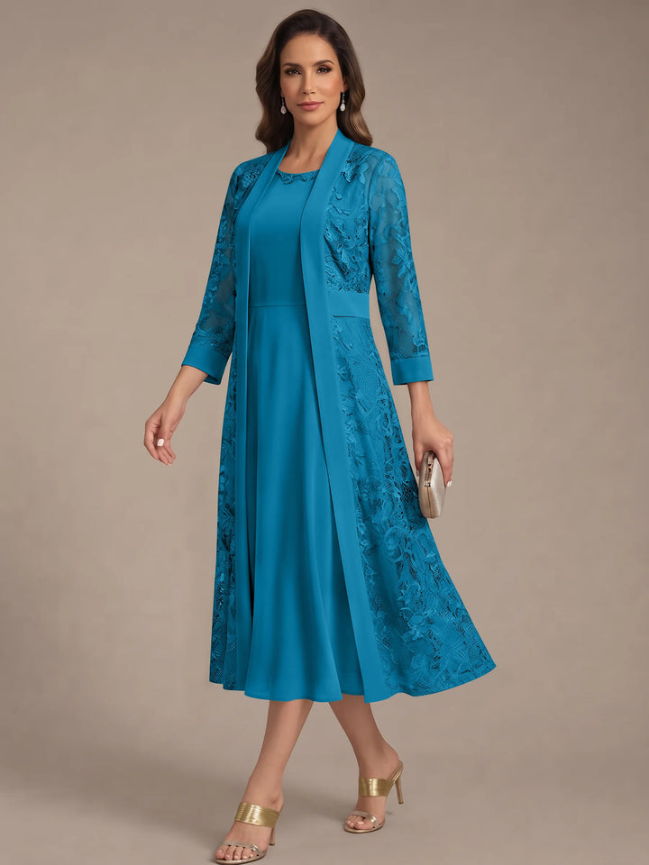 A-Line/Princess Scoop Chiffon Mother of the Bride Dresses with Lace Jacket 3/4 Sleeves Tea-Length
