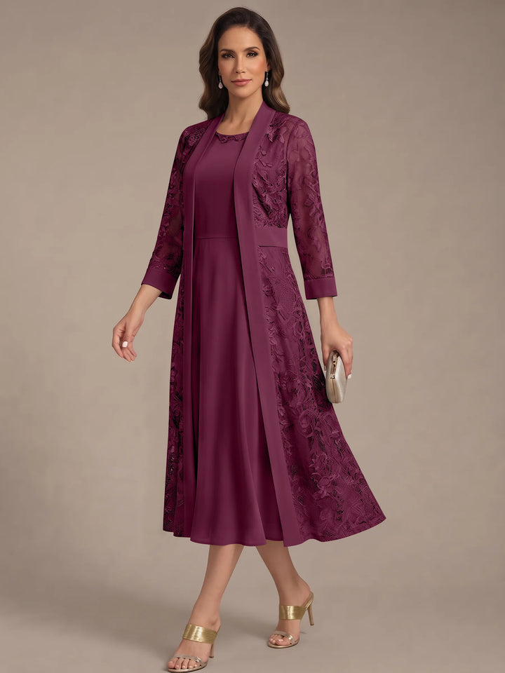 A-Line/Princess Scoop Chiffon Mother of the Bride Dresses with Lace Jacket 3/4 Sleeves Tea-Length