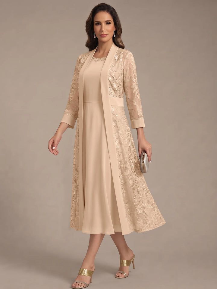 A-Line/Princess Scoop Chiffon Mother of the Bride Dresses with Lace Jacket 3/4 Sleeves Tea-Length