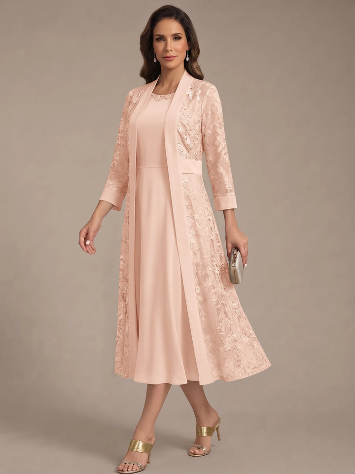 A-Line/Princess Scoop Chiffon Mother of the Bride Dresses with Lace Jacket 3/4 Sleeves Tea-Length