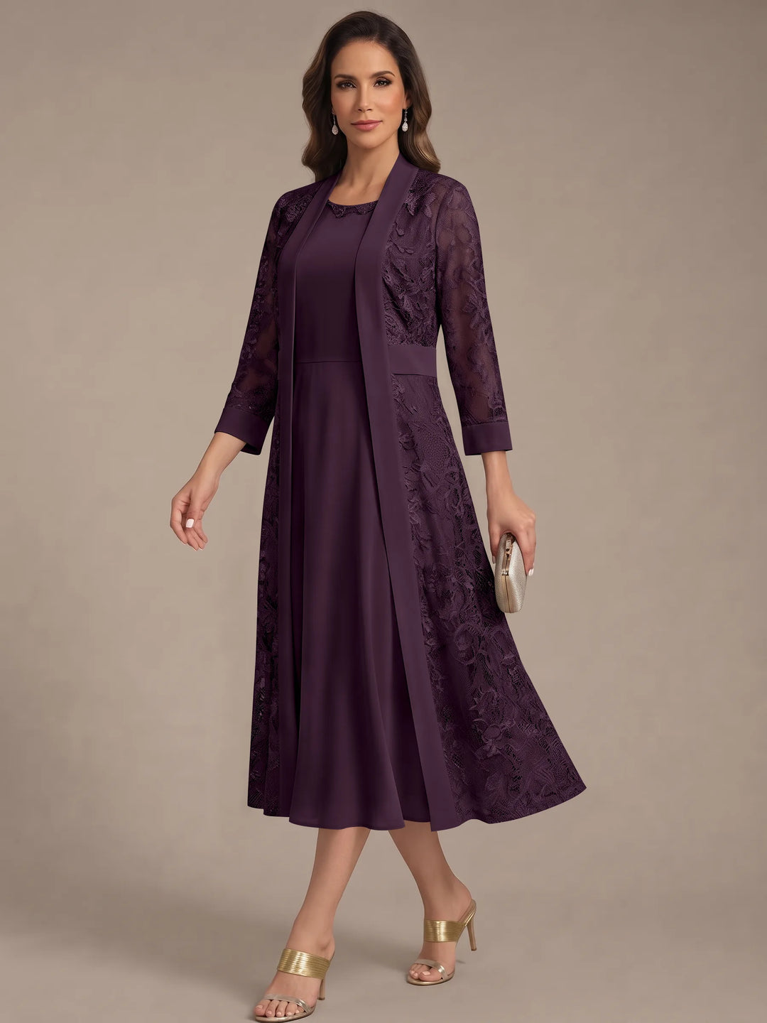 A-Line/Princess Scoop Chiffon Mother of the Bride Dresses with Lace Jacket 3/4 Sleeves Tea-Length