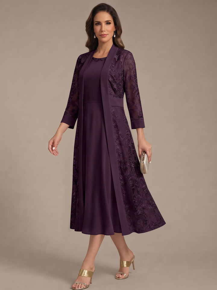 A-Line/Princess Scoop Chiffon Mother of the Bride Dresses with Lace Jacket 3/4 Sleeves Tea-Length