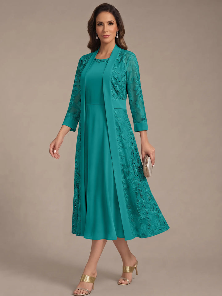 A-Line/Princess Scoop Chiffon Mother of the Bride Dresses with Lace Jacket 3/4 Sleeves Tea-Length